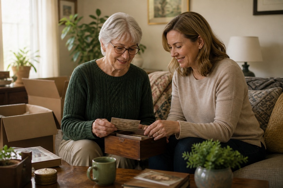 An older homeowner and adult family member sorting keepsakes together