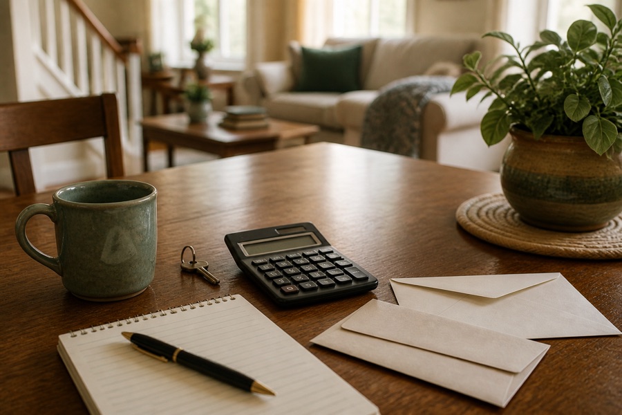 House keys, a calculator, and envelopes on a dining table