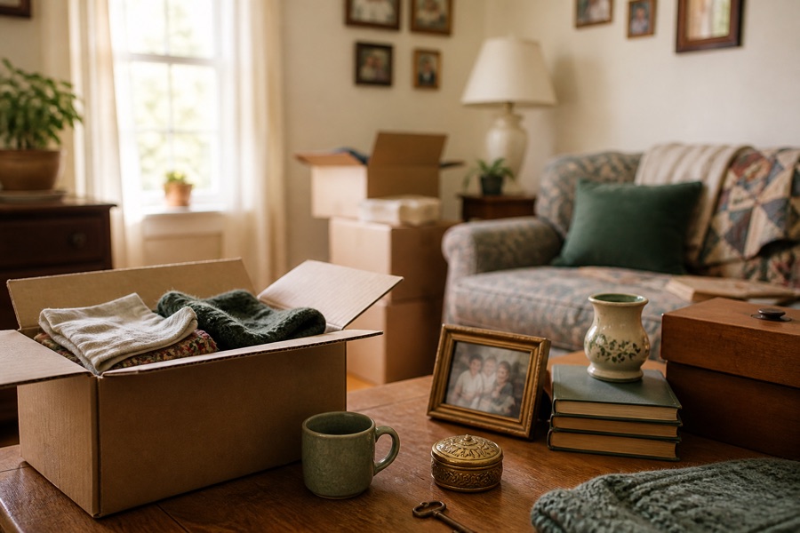 Family keepsakes and moving boxes inside an inherited home