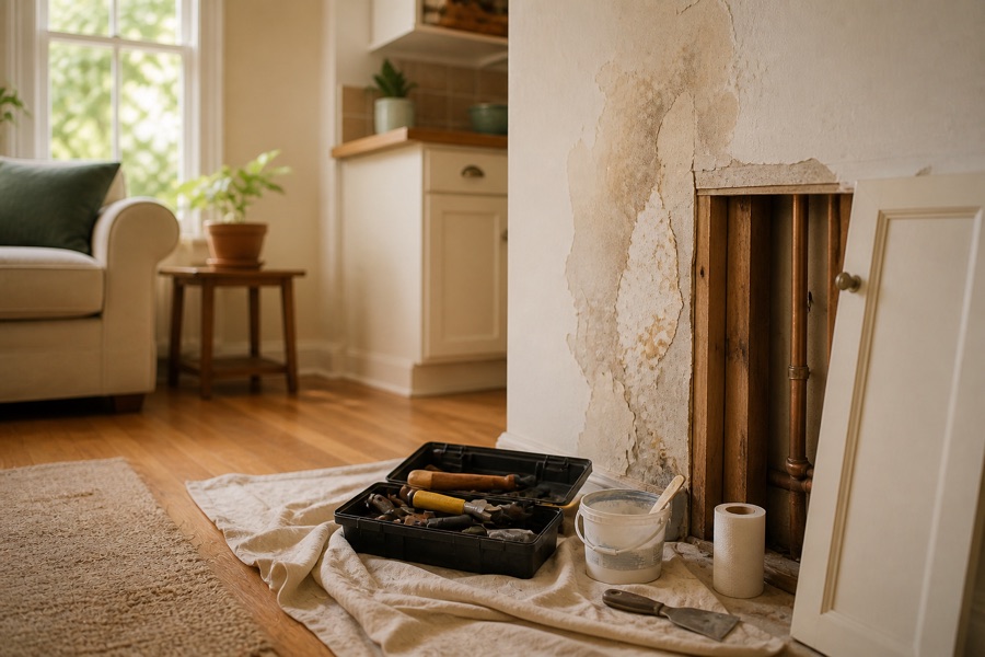 A modest home interior with repair tools and unfinished wall repairs