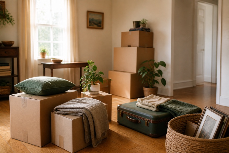 Neatly packed moving boxes in a bright living room