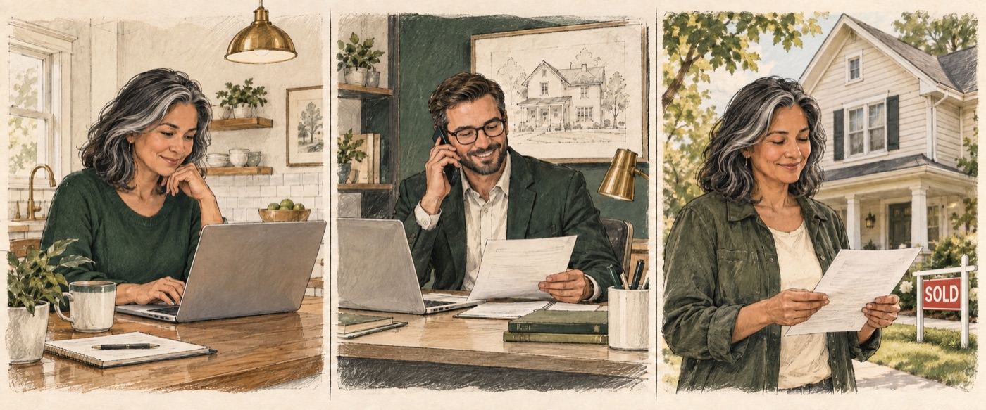 Three sketches showing a homeowner completing the questionnaire, speaking with a property specialist, and reviewing an offer beside a red sold sign